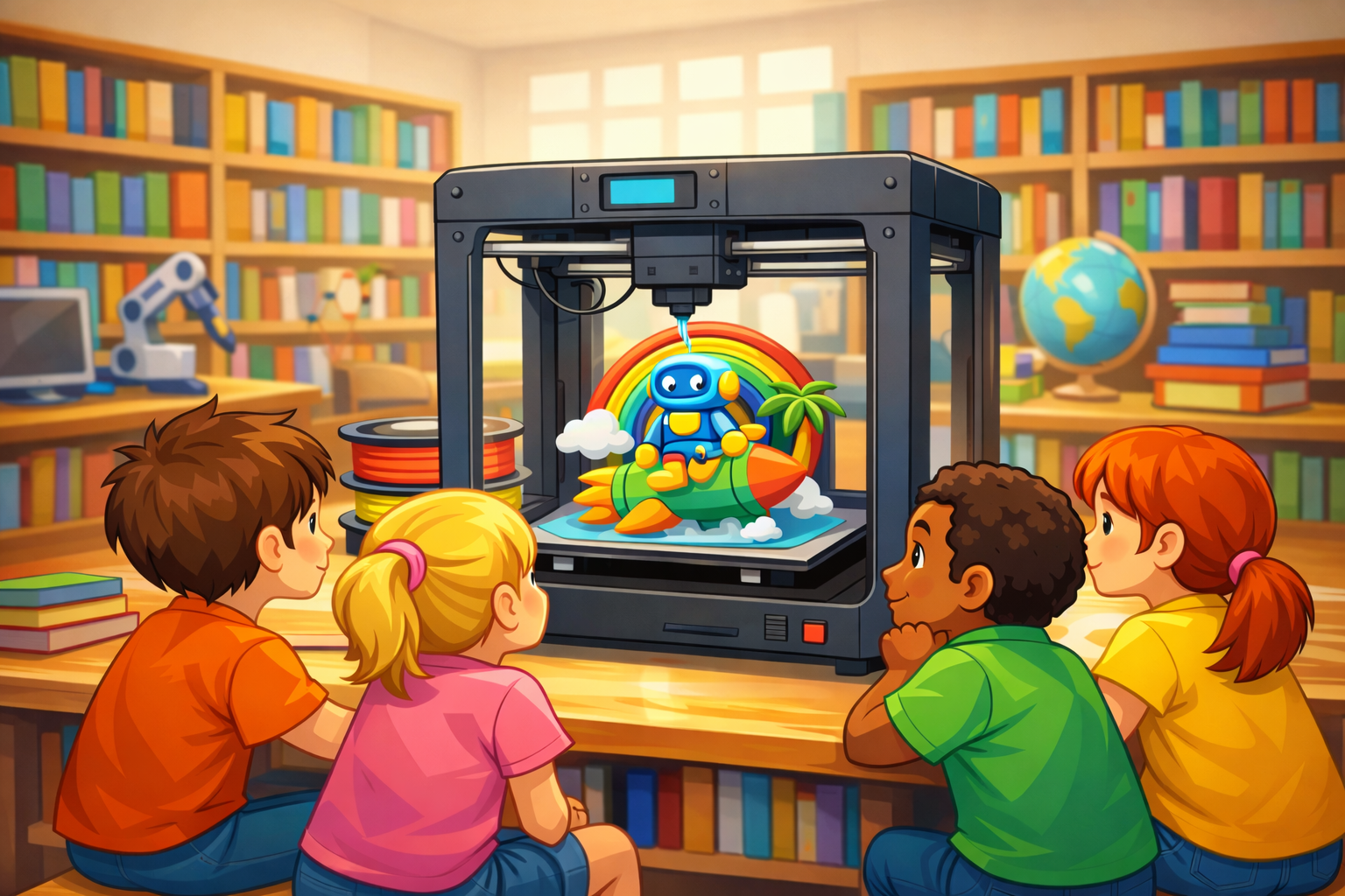 Vier Kinder schauen auf einen 3D-Drucker. In den Räumen einer Bibliothek. Comic-Stil.