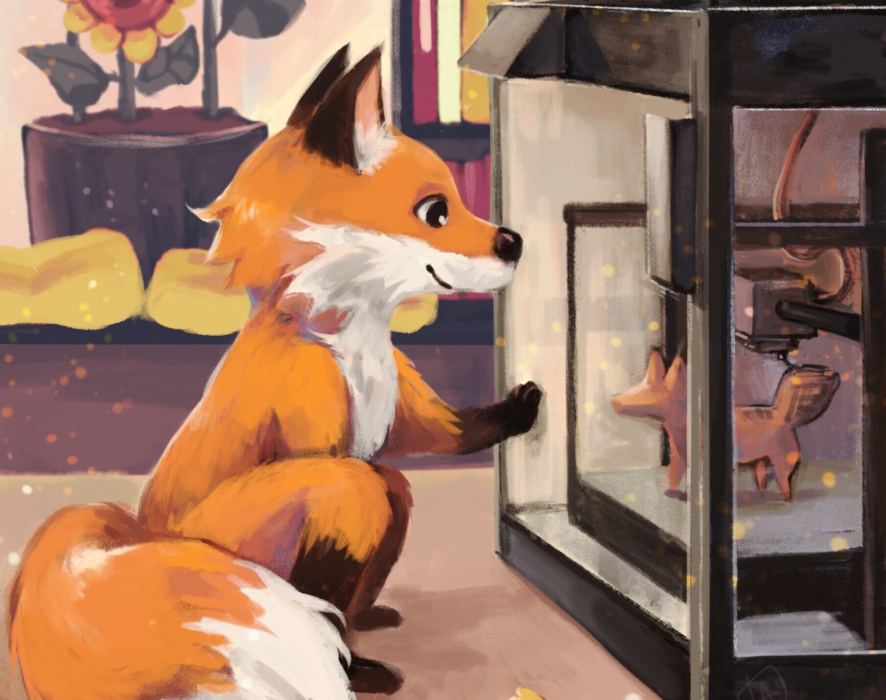 Foxy der Bibliotheksfuchs lernt im Makerspace wie man einen 3D-Drucker bedient