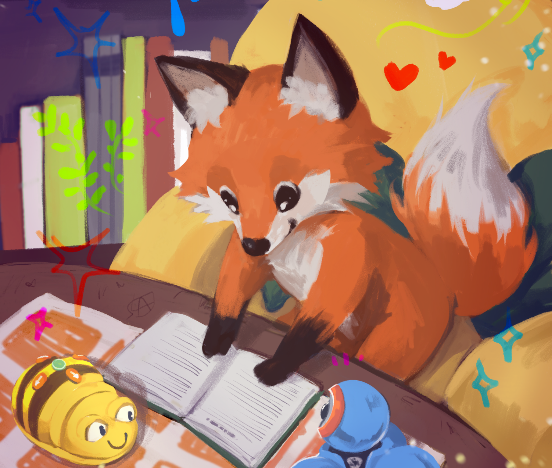 Foxy der Bibliotheksfuchs lernt mit die Roboter zu programmieren.